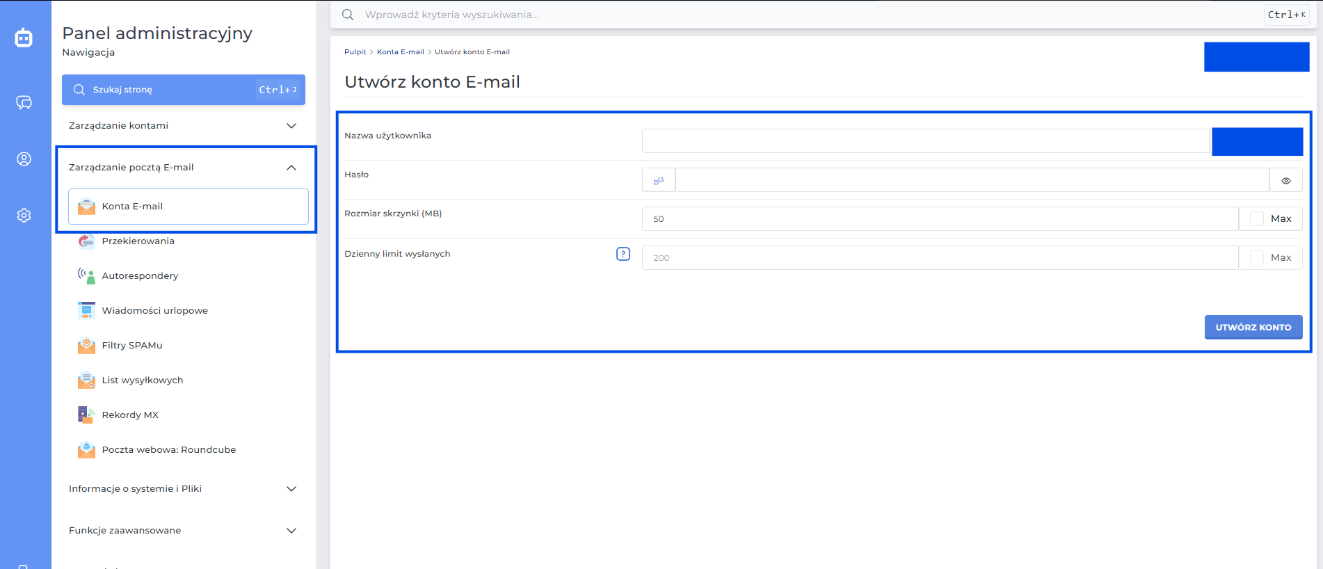 Direct Admin tworzenie konta email